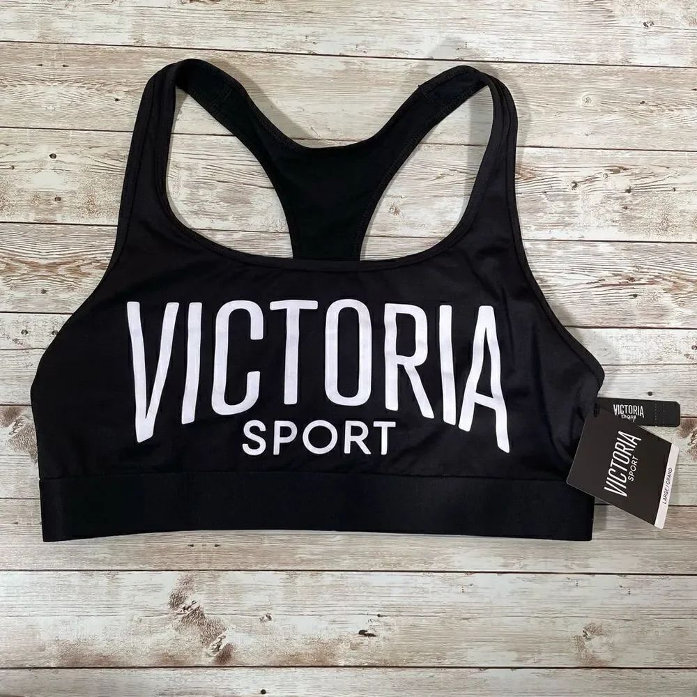 NWT Victoria’s Secret Sport Sz L Black White The player Racerback Sports Bra Gr
